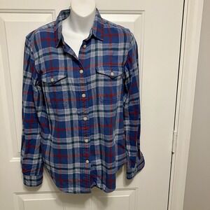 Filson Flannel Shirt Women's Sz Medium Plaid Button Blue Utility Outdoors Hiking